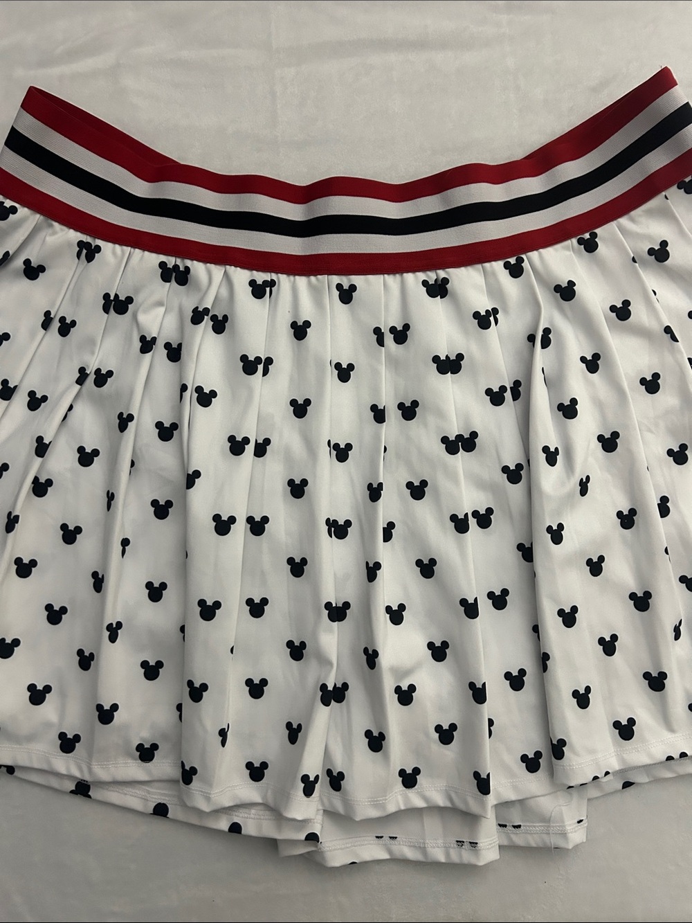 Her Universe White Skater Skirt with Black Mickey Heads and Red Stripe Waist